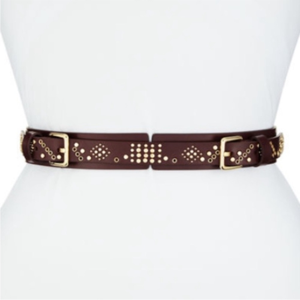 Rebecca Minkoff Burgundy Leather Corset Belt Gold Studded Double Buckles